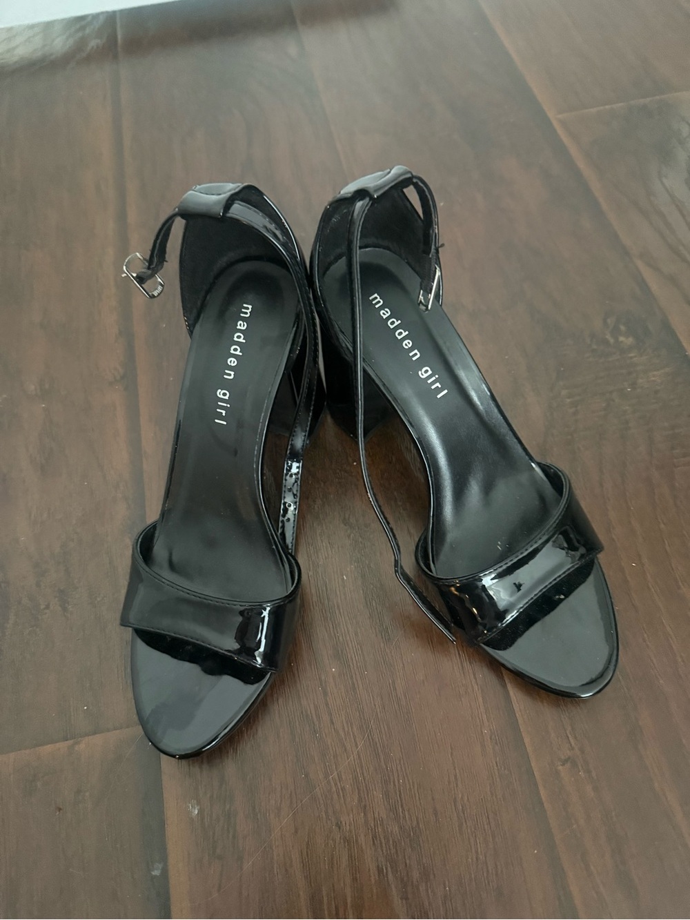 Madden Girl Black Patent T-Strap Block Heels